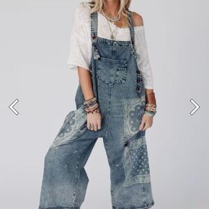 easel Blue Patchwork Denim Overalls Jumpsuit